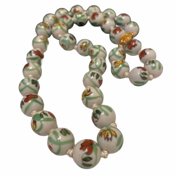 Vintage Hand Painted Bead Necklace - Picture 8 of 14